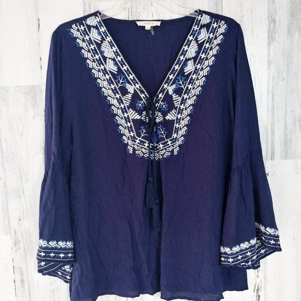 Small Navy Embroidered Tunic Top Bell Sleeves Boho - Picture 2 of 5